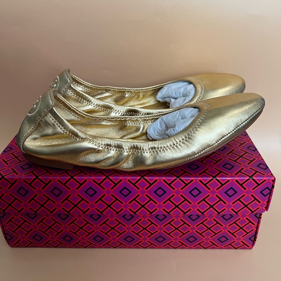 Tory Burch Eddie Gold Nappa Ballet Leather Flats Size 8 - Picture 8 of 16